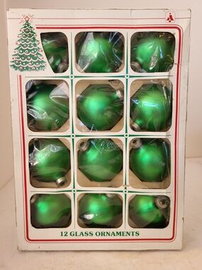 1970s Essex Franke Holly Green Glass Ornaments - Pack of 12
